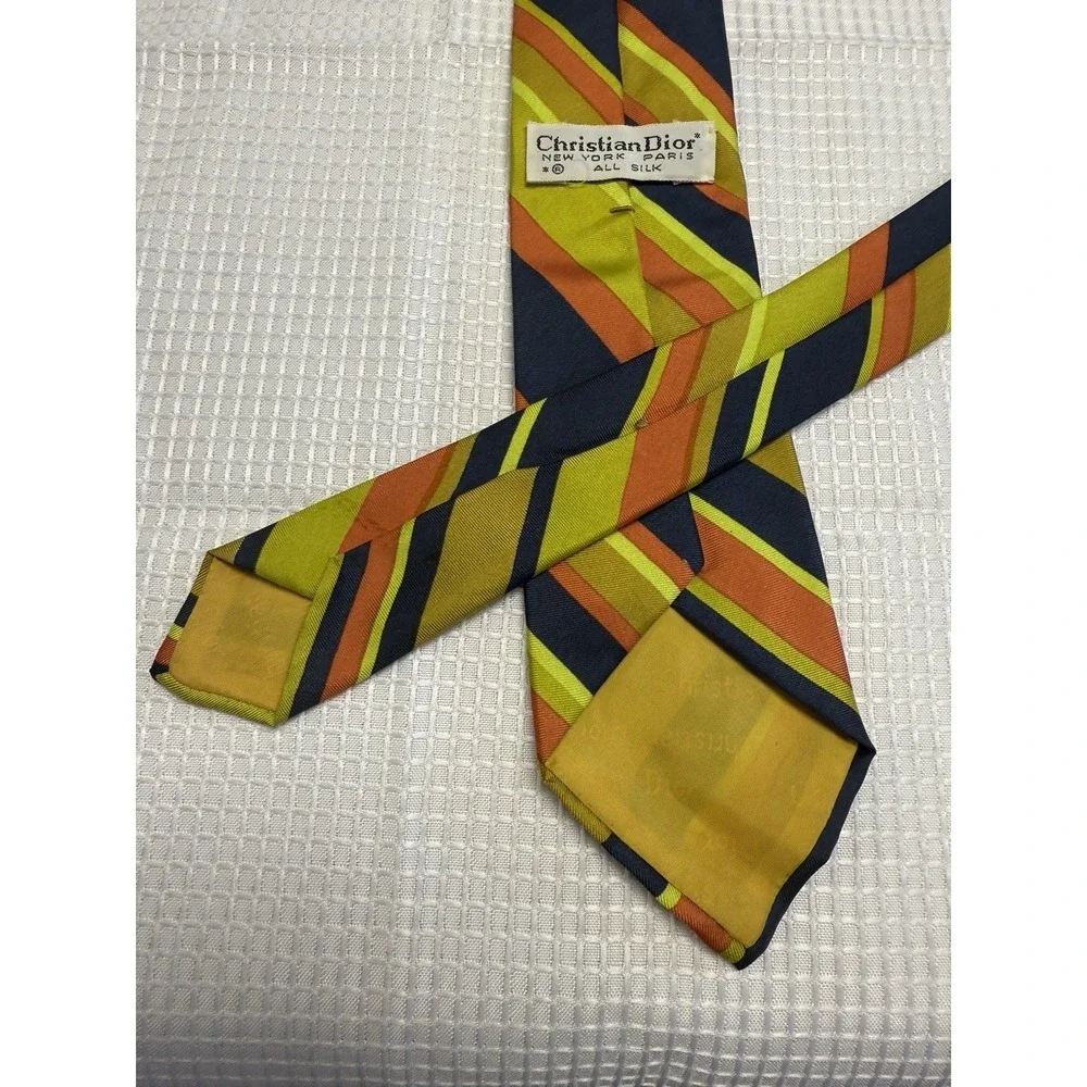 Vtg Christian Dior Mens Tie Blue Yellow Orange Diagonal Ugly 70s Bright Retro‎